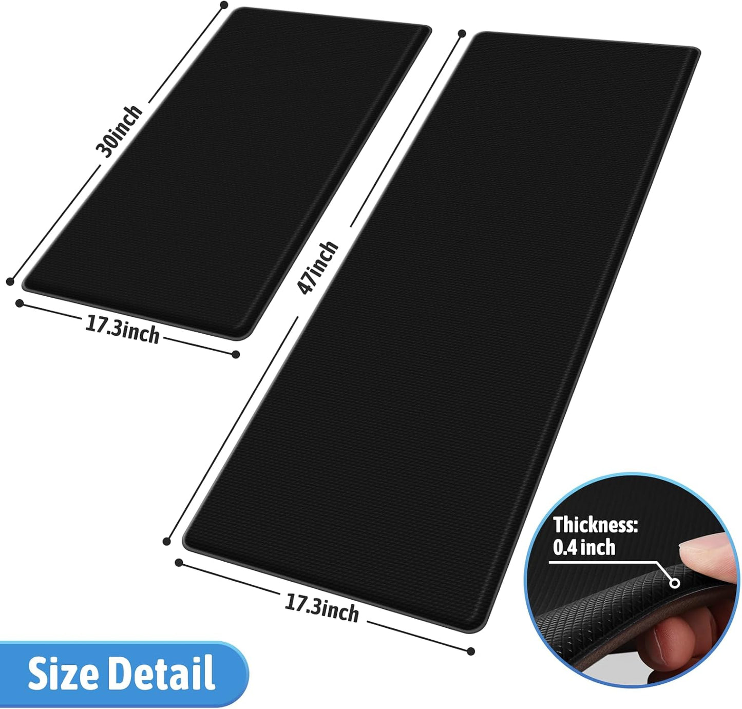 StepLively Kitchen Mats - Cushioned Anti-Fatigue Non-Slip Rugs Set | 2 PCS, 17.3"x30" & 17.3"x47", Black