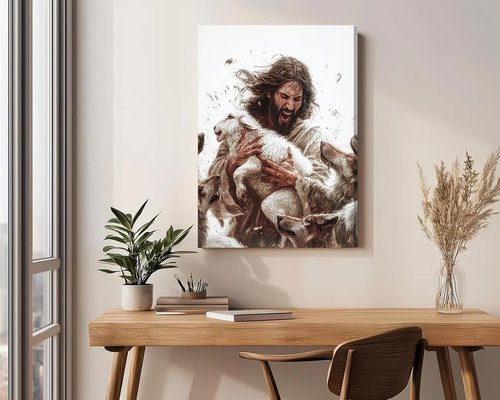 Jesus And Lamb Canvas Wall Art - Inspirational Christian Decor | Framed 12x16 Inch Painting for Living Room or Bedroom