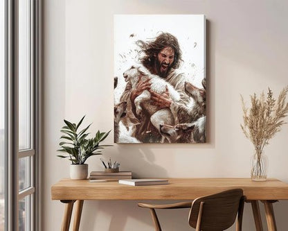 Jesus And Lamb Canvas Wall Art - Inspirational Christian Decor | Framed 12x16 Inch Painting for Living Room or Bedroom