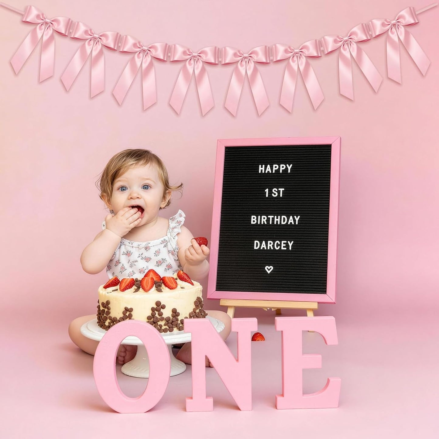 Skiennix Pink Bow Garland Banner - 8 Pre-Strung Double-Layer Satin Ribbon Bows | Reusable Valentine's Day Decor for Baby Showers & Parties