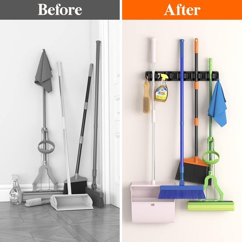 Lifewit Mop And Broom Holder - Anti-Slip Wall Mount Organizer With 5 Slots & 6 Hooks - Black