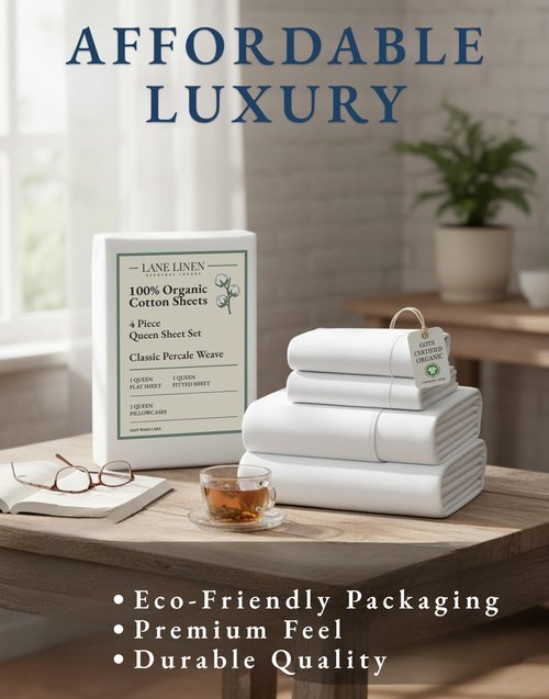 LANE LINEN Eco Friendly 100% Organic Cotton Queen Sheet Set, Soft & Comfy Fully Elasticized 15" Deep Pocket Bed Sheets, Low Pill Naturally Cooling Machine Wash Sábanas Queen- White Bed Sheets