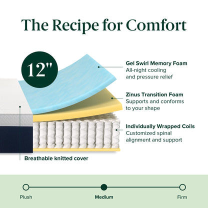 ZINUS 12 Inch Twin Cooling Comfort Hybrid Mattress [New Version], Fiberglass Free, Medium Firm Feel, Motion Isolation, Certified Safe Foams & Fabric