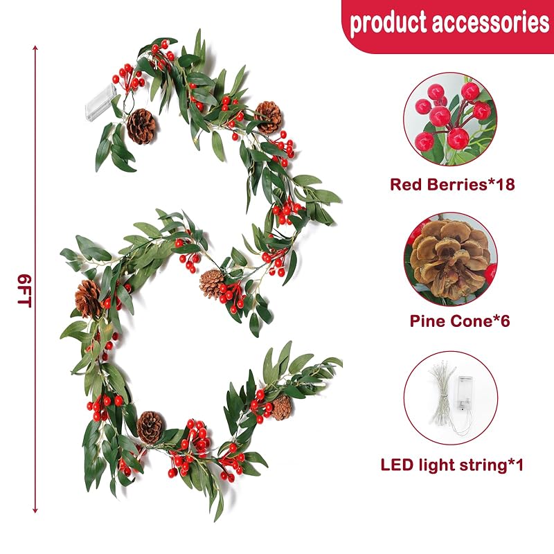 2 Pack 6ft Pre-lit Christmas Garland with Lights — Artificial Holly, Berries & Pine Cones (Variation: Willow Leaf)