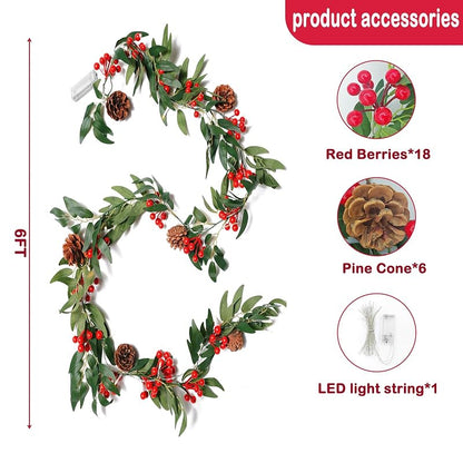 2 Pack 6ft Pre-lit Christmas Garland with Lights — Artificial Holly, Berries & Pine Cones (Variation: Willow Leaf)