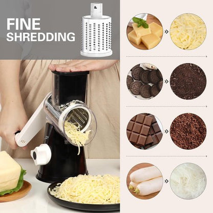Cambom Rotary Cheese Grater - Hand Crank Shredder for Fresh Cheese & Vegetables | Non-Slip Base, Black