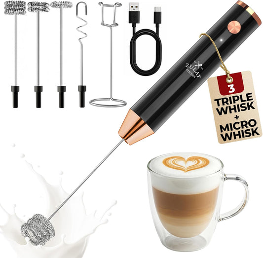 Zulay Kitchen Rechargeable Milk Frother - Powerful 2-Speed Mixer with 4 Whisks - Dark Copper Finish