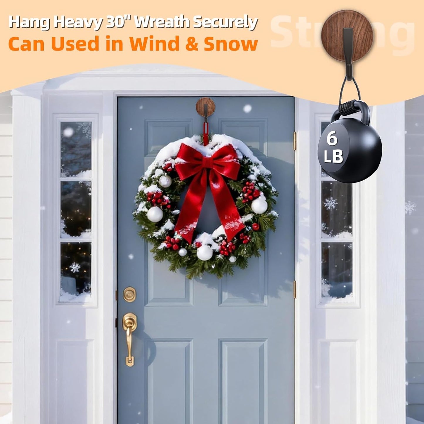 Upgraded Wreath Hanger by [Brand Name] - Suction Cup Hook for Doors & Windows | 2 Pack, Walnut Finish