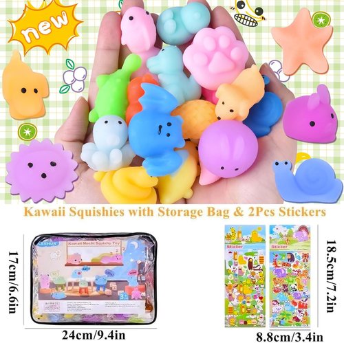 LEEHUR Kawaii Squishies - 100PCS Mini Mochi Stress Relief Toys for Kids Party Favors | Includes Storage Bag