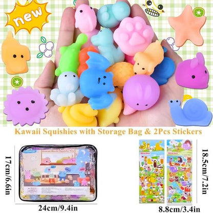 LEEHUR Kawaii Squishies - 100PCS Mini Mochi Stress Relief Toys for Kids Party Favors | Includes Storage Bag