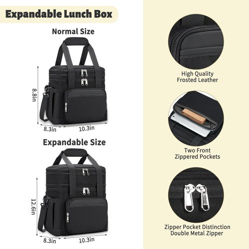 Holuxer Insulated Lunch Bag - Double Deck Leakproof Cooler Tote for Men & Women | Large 15L Black Lunch Box for Work & Outdoor