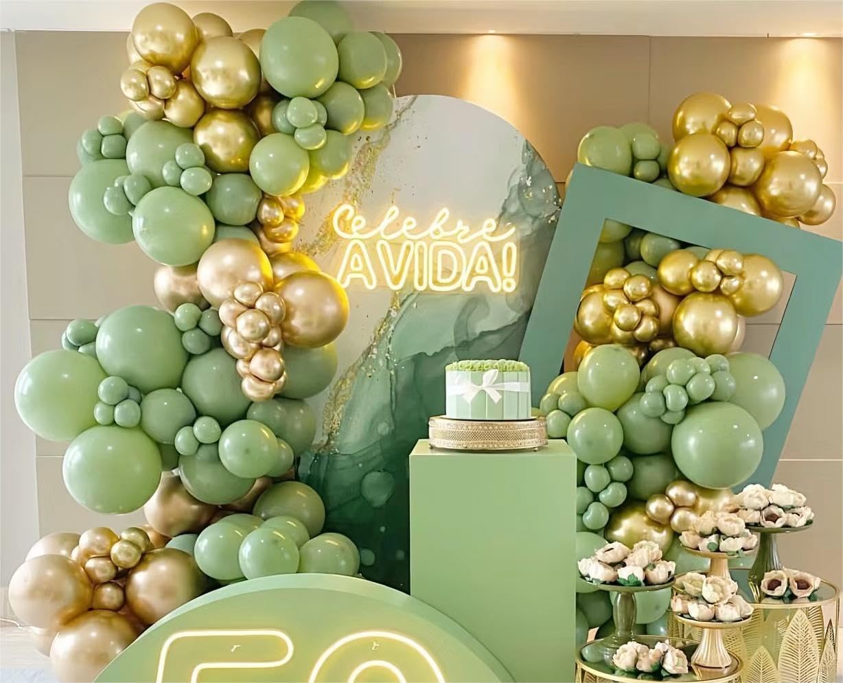 MEBAY Balloon Garland Arch Kit - Sage Green & White Gold | 146 Pcs Latex Balloons in Various Sizes for Birthday, Baby Shower, Wedding Decor