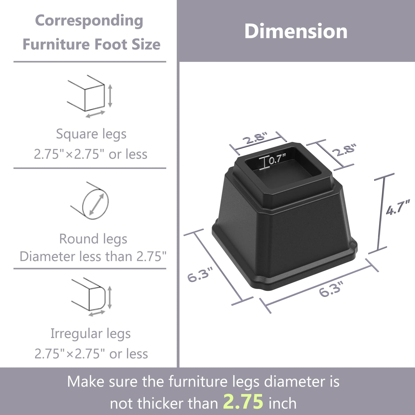 Napnapday Bed Risers 4 Inch Heavy Duty 4 Pack Bed Furniture Elevators, 1,500 lbs Lifts Up Riser for Sofa and Table, Black