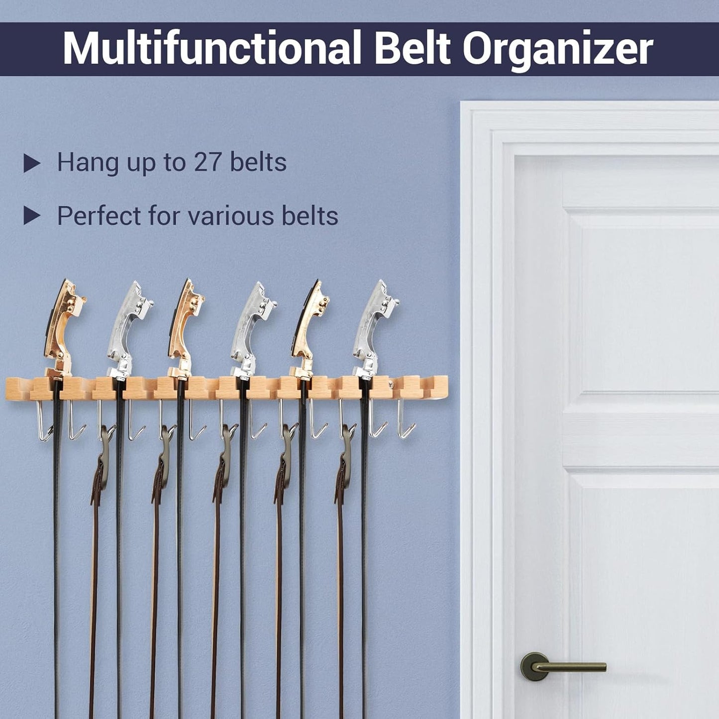 Ohuhu Belt Hanger Organizer - 2-in-1 Wall Mount with 14 Slots & 13 Hooks | 360° Rotating Wooden Storage for Belts, Ties & Scarves