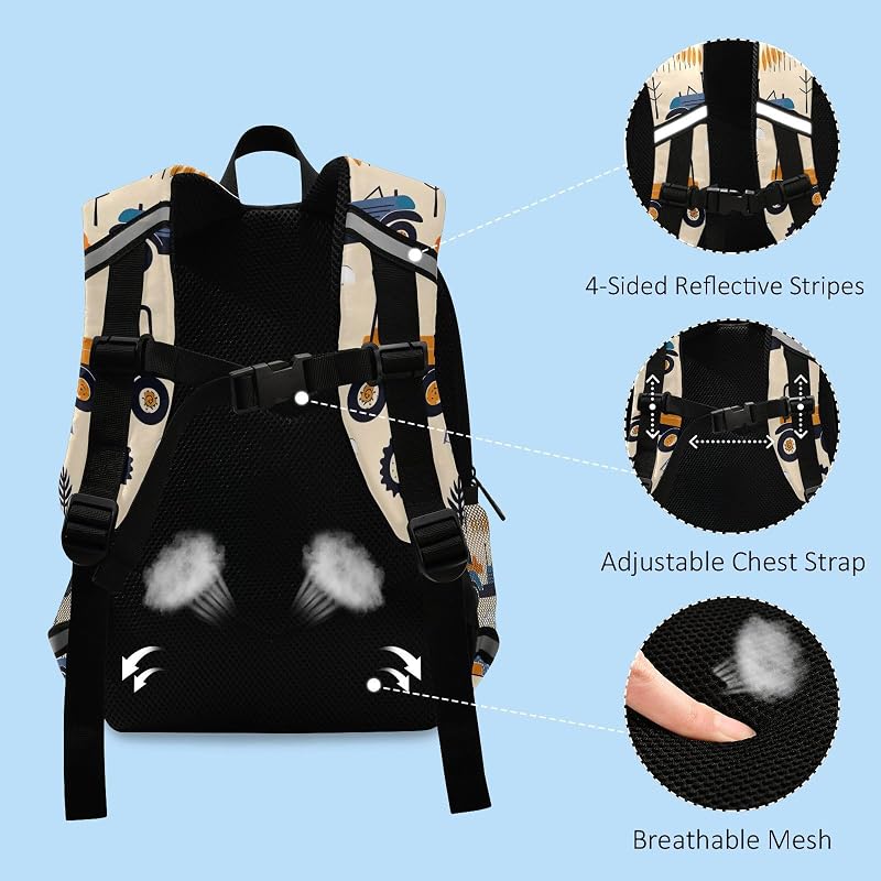 Custom Boys Backpack with Personalized Name - Cute Tractors Beige Schoolbag (Variation: Cute Tractors Beige)