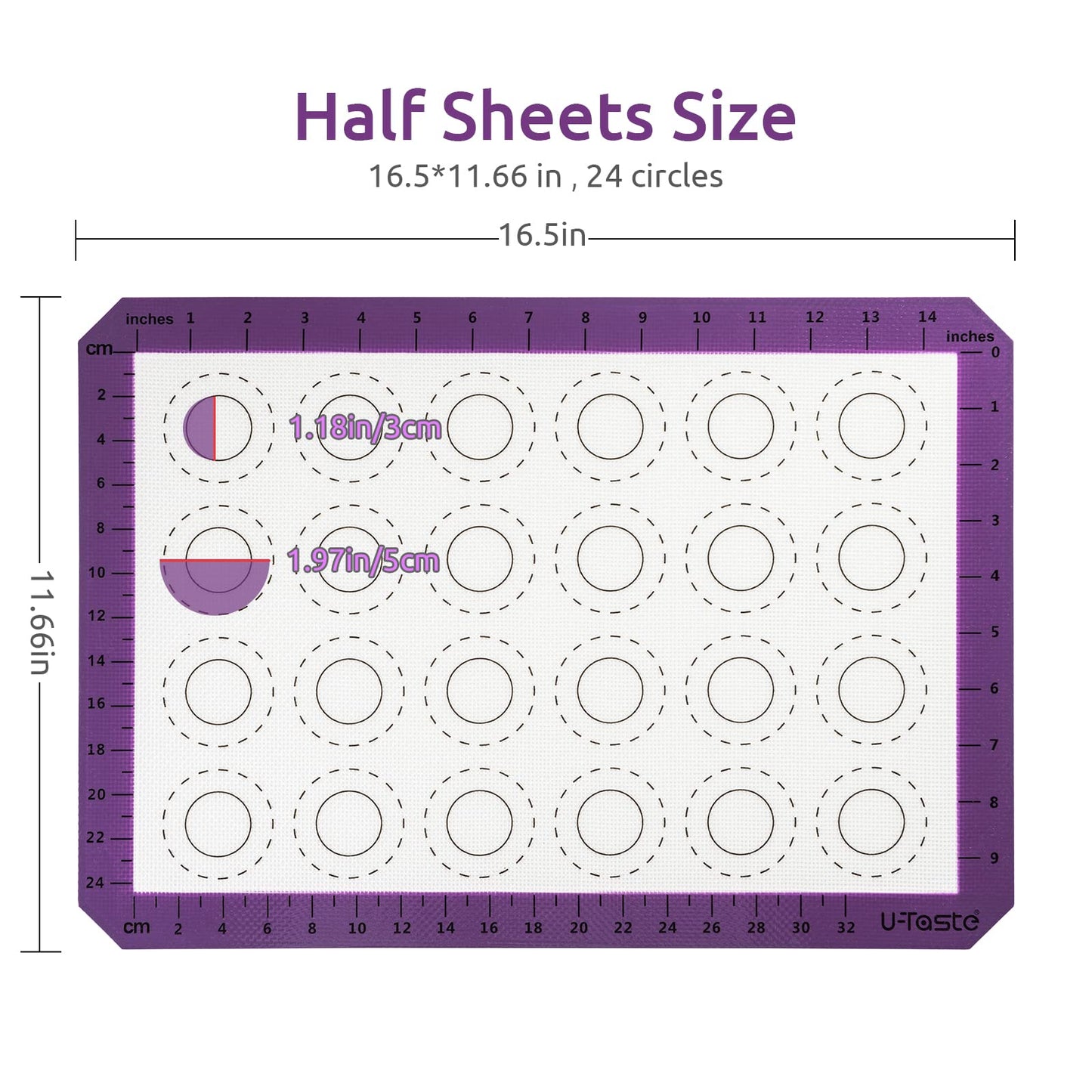 U-Taste 446ºF Heat Resistant Macaron Silicone Baking Mat, Non Stick Reusable Cookies Pastry Sheet Liner with Edge Enhancement Circle Measurement for Oven (Half Sheets Size, Pack of 2, Purple)