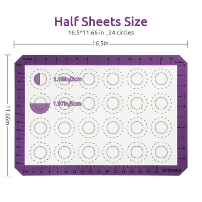 U-Taste 446ºF Heat Resistant Macaron Silicone Baking Mat, Non Stick Reusable Cookies Pastry Sheet Liner with Edge Enhancement Circle Measurement for Oven (Half Sheets Size, Pack of 2, Purple)