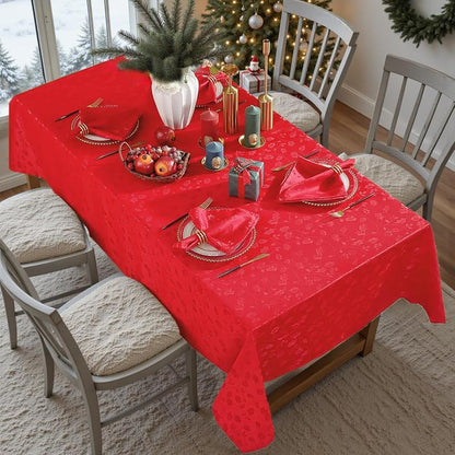 Christmas Tablecloth 60" x 102" Rectangle - Red Jacquard Holly Leaves Spill-Proof