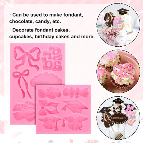 FYSUIMU Graduation Bow Fondant Molds - 2 Pack Silicone Molds for Baking & Party Decor