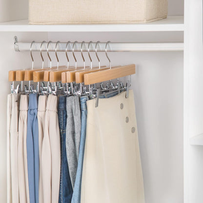 Nature Smile Deluxe Wooden Pants Hangers - Solid Lotus Wood with 2 Adjustable Clips | Pack of 10 (Natural)