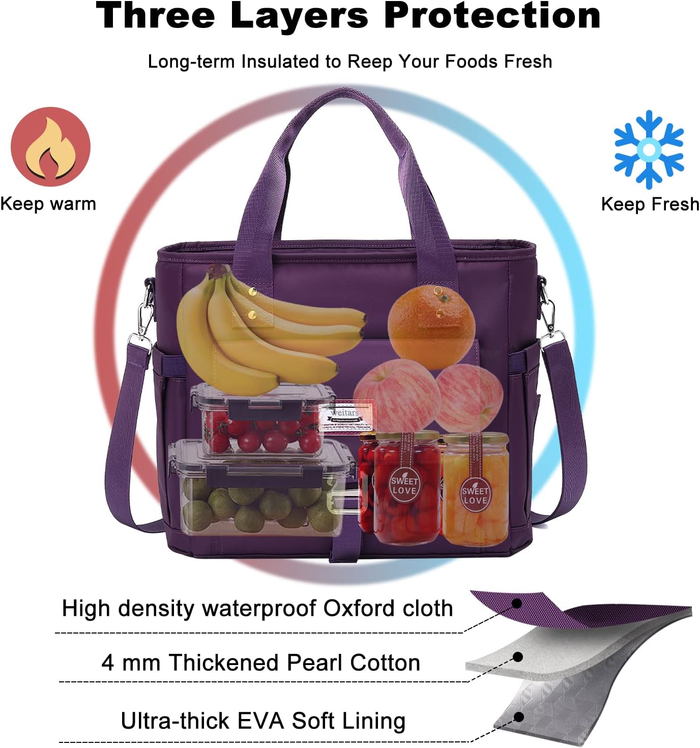 Weitars Insulated Lunch Bag for Women - Extra Large Tote Cooler with Removable Shoulder Strap | Ideal for Work, Picnics & Hiking