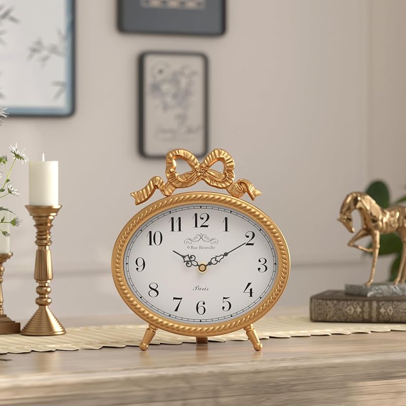 Vintage Table Clock with Bow - Gold Boho French Style, 9.45" H x 8.3" W, 2.16" D (Variation: Gold)