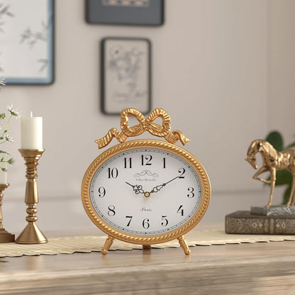 Vintage Table Clock with Bow - Gold Boho French Style, 9.45" H x 8.3" W, 2.16" D (Variation: Gold)