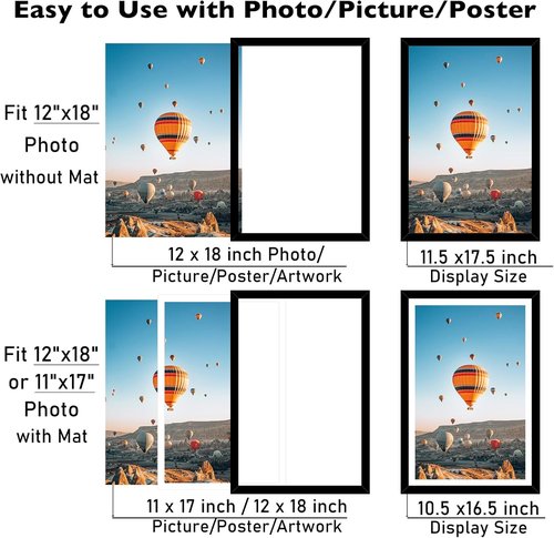 JCJMY 12x18 Picture Frame - Wall Hanging Display for 11x17 Photos with Mat or 12x18 Without Mat | Black Plexiglass