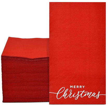 Merry Christmas Guest Napkins Disposable Paper (100) 7.5 x 4.25 in – Red Holly Design
