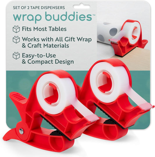 Wrap Buddies Gift Wrapping Tool Set - Adjustable Table Clamps & Tape Dispenser - One-Handed Cutter in Cherry Red