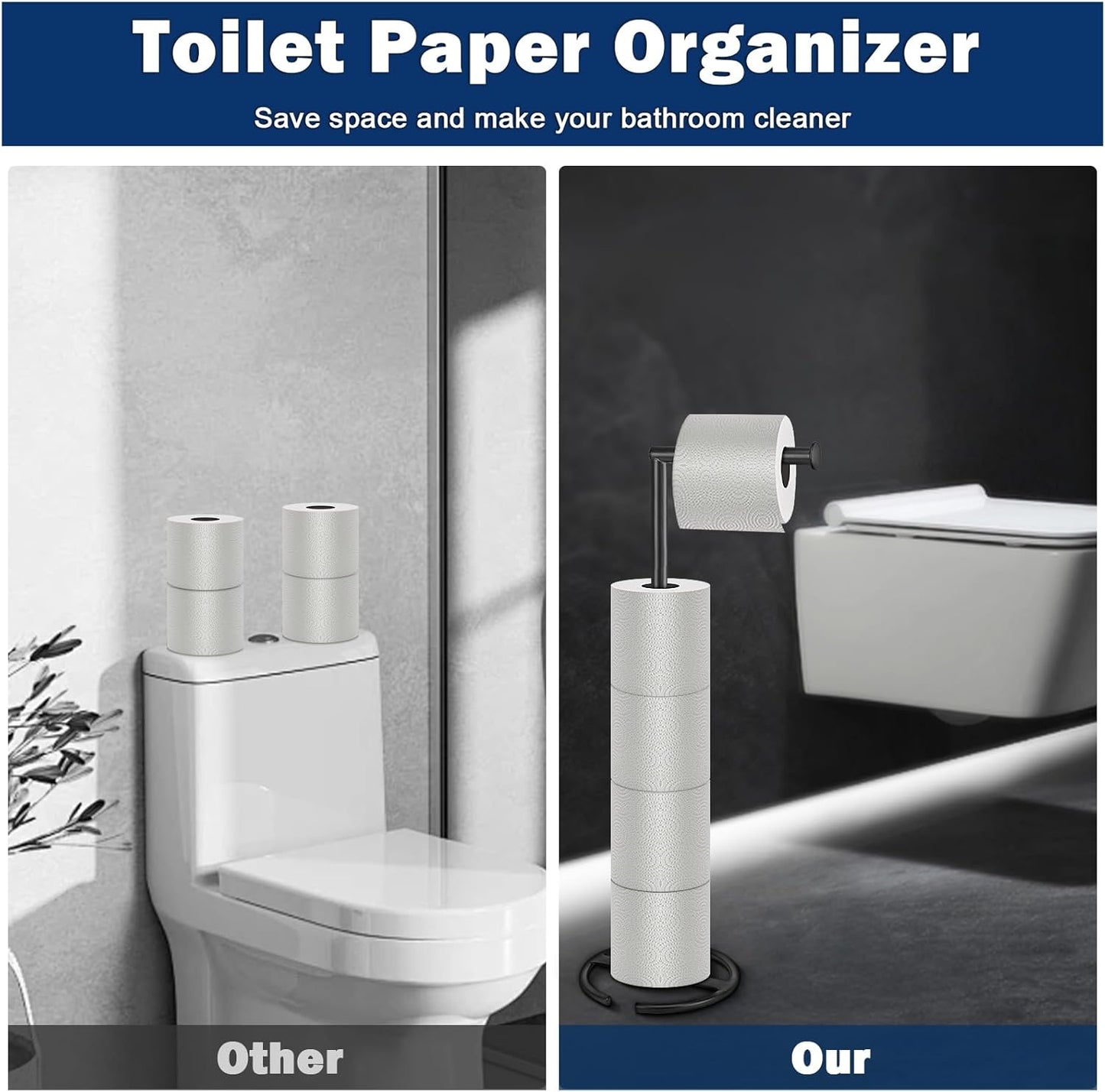 NearMoon Bath Toilet Paper Holder - Modern Standing Tissue Roll Holder with Rustproof Metal Base | Matte Black