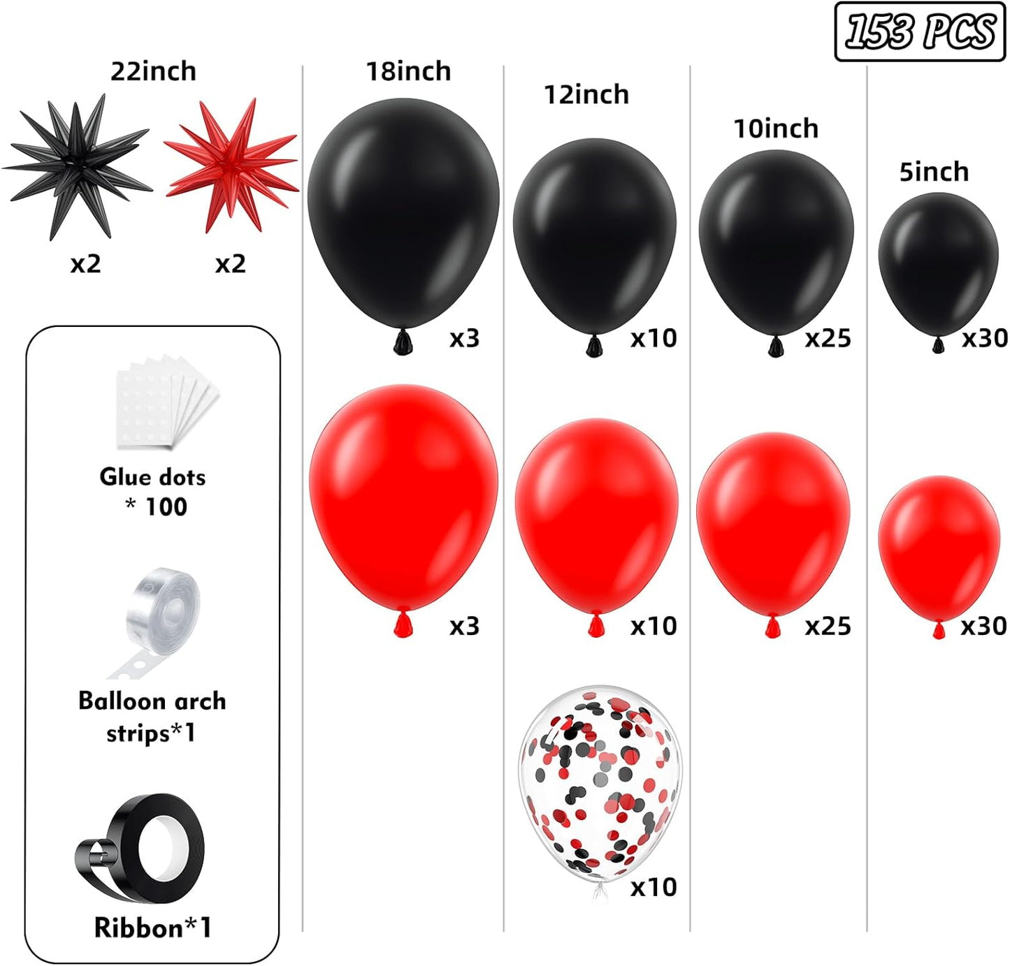 Skiennix 153-Pcs Red & Black Balloon Garland Kit - Festive Arch with Stars for Birthday & Graduation Decor