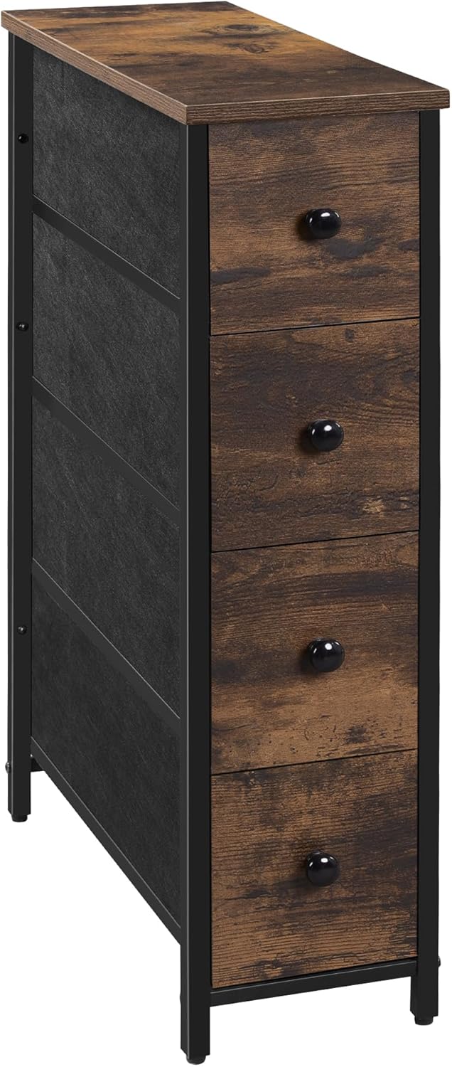 SONGMICS Dresser - Narrow Chest of Drawers for Bedroom Storage | 4-Drawer Steel Organizer in Rustic Brown & Ink Black
