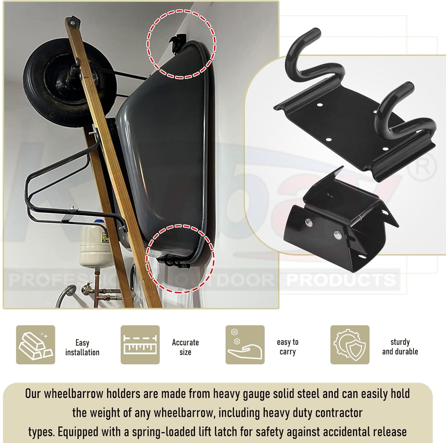 Wheelbarrow Storage Bracket - Heavy Duty 90 lbs Capacity Hook with Spring Loaded Safety Latch