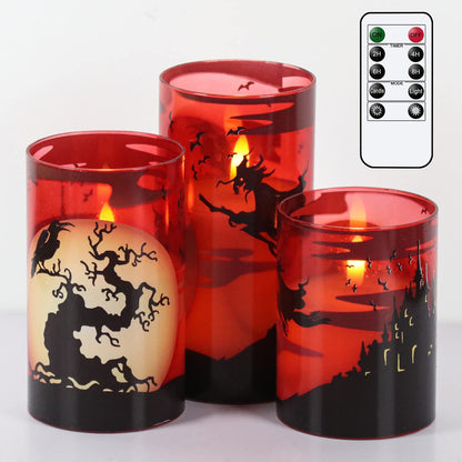 Eldnacele Halloween Flickering Candles with Witch, Crow Raven, Castle Decals, Red Glass Battery Operated Flameless LED Candles with Remote, Real Wax Candle Set of 3 Halloween Decorations