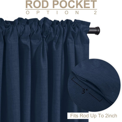 Skiennix 100% Blackout Linen Curtains - Thermal Insulated Drapes, 50" W x 102" L, Midnight Blue - 2 Panels Set
