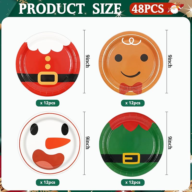 48-Pack 9inch Disposable Christmas Plates - Red & Green Santa Theme, 4 Styles