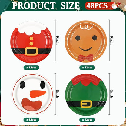48-Pack 9inch Disposable Christmas Plates - Red & Green Santa Theme, 4 Styles