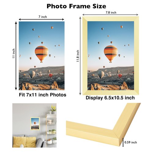 JCJMY 7x11 Picture Frame Gold for Wall Hanging or Tabletop- Wall Mounting Horizontally or Vertically, 7 x 11 Wall Gallery Poster Photo Frame for 7 by 11 Photos, Gold