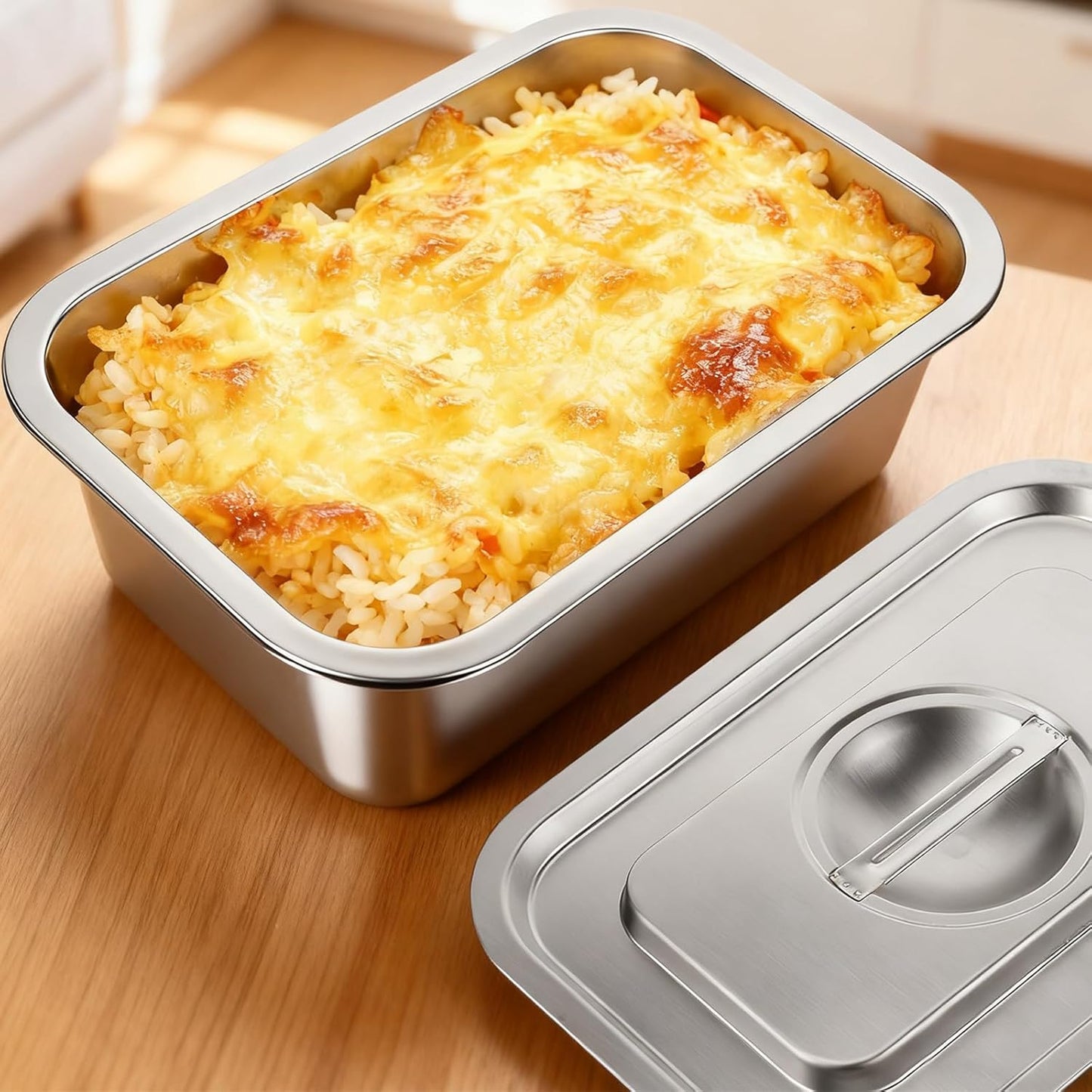 Skiennix 4-Inch Extra Deep Lasagna Baking Pan - 304 Stainless Steel with Lid, 8.5x12.4 Inch, Silver