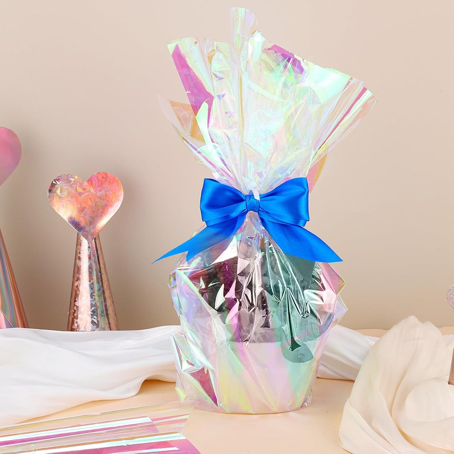 woric 82 Ft X 17 In Cellophane Wrap for Gift Baskets Easter Iridescent Cellophane Wrap Roll Gift Basket Wrapping Plastic for Easter Gifts Basket Stuffers Treats Party Favor Birthday Wedding Crafts