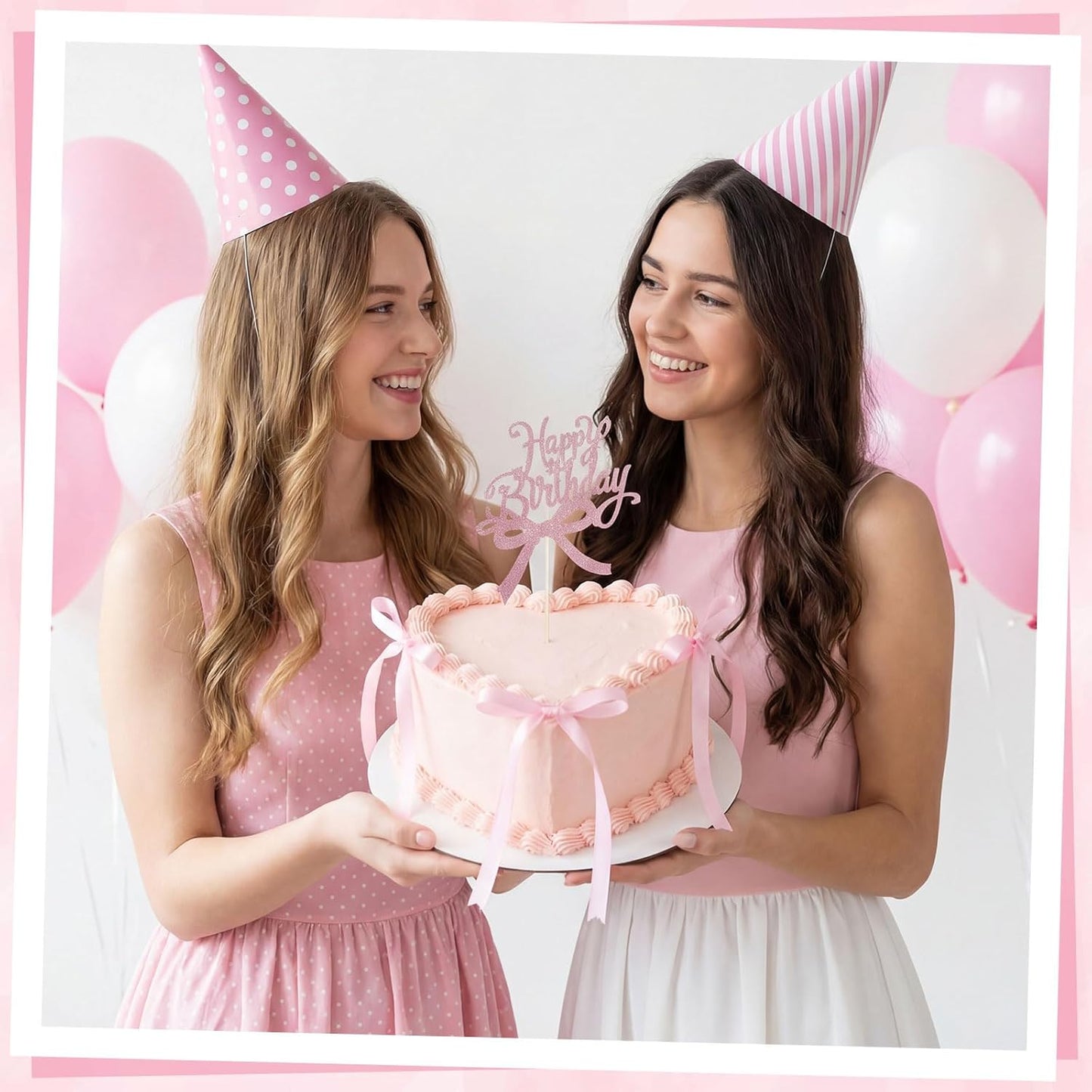 Skiennix Bow Cake Toppers - 18 PCS Pink Ribbon Bows with 1 Happy Birthday Topper | Perfect for Weddings & Showers