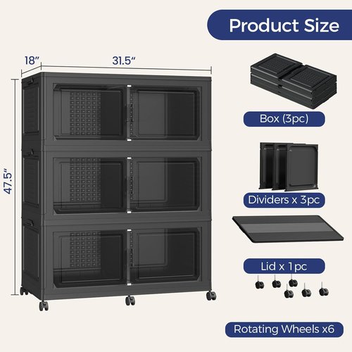 150GAL Extra Large Storage Bins - Stackable Closet Organizers with Lids | 3-Pack Black, Collapsible Design