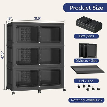 150GAL Extra Large Storage Bins - Stackable Closet Organizers with Lids | 3-Pack Black, Collapsible Design