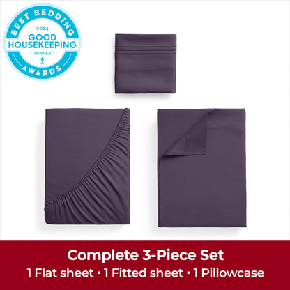 Mellanni Extra Deep Twin Sheets - 3 PC Iconic Collection Bedding - Hotel Luxury, Ultra Soft, Cooling Bed Sheets - Wrinkle, Fade, Stain Resistant (Twin, Purple)