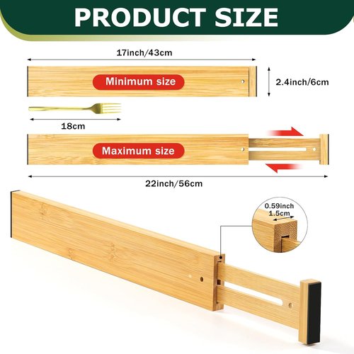 Lzerking Bamboo Drawer Organizers - Adjustable 6 Pack | Expandable Utensil Dividers (17-22")