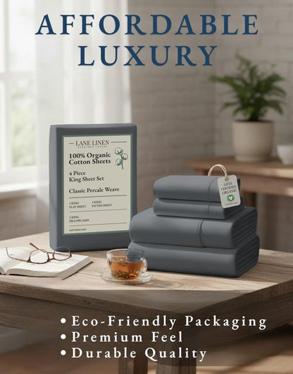 LANE LINEN 100% Organic Cotton Sheets King Size Machine Washable Fully Elasticized Soft & Comfy Mercerized Sustainably Produced All Season Eco Friendly Cotton Sheets sábanas King- Charcoal