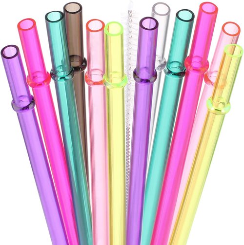 Dakoufish 13" Long Reusable Plastic Drinking Straws - Set of 12 for Mason Jars & Tumblers, 7 Colors with Cleaning Brush