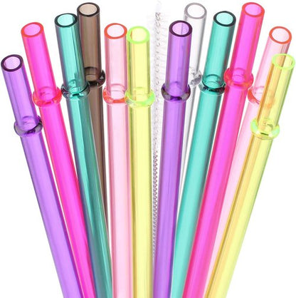 Dakoufish 13" Long Reusable Plastic Drinking Straws - Set of 12 for Mason Jars & Tumblers, 7 Colors with Cleaning Brush