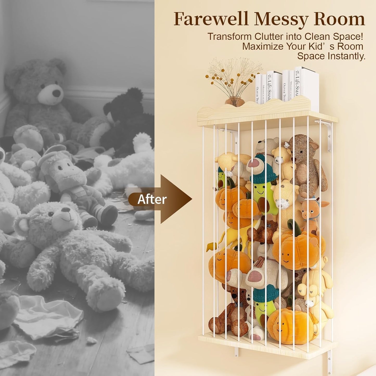 Skiennix Adjustable Stuffed Animal Storage - Large Wooden Plush Toy Organizer for Kids' Room | Patented Design